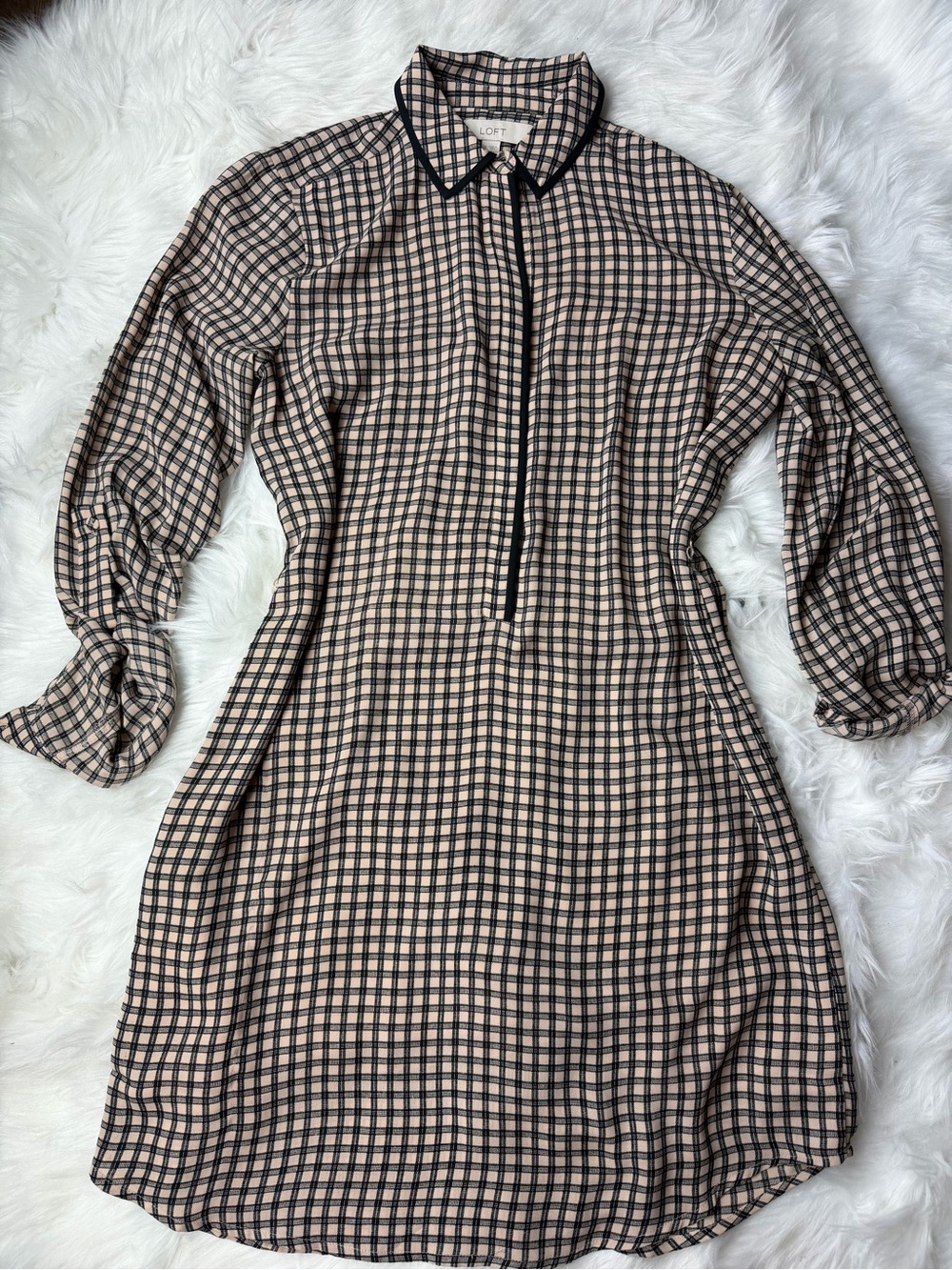 LOFT Beige and Black Checked Collared Long-Sleeve Dress